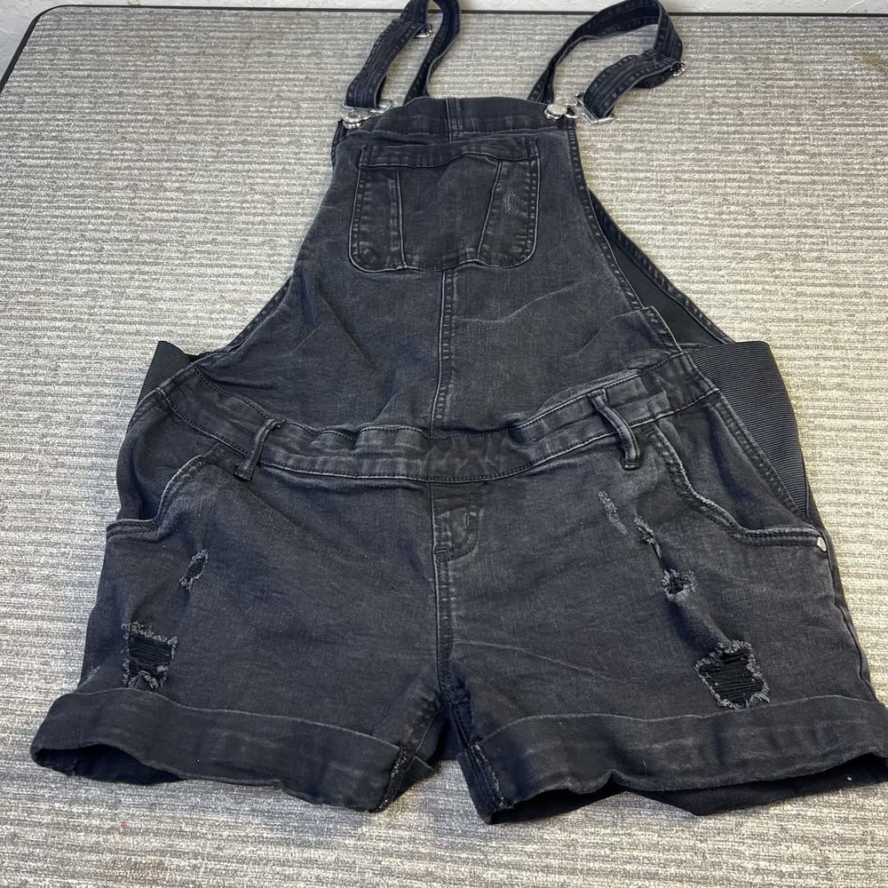Indigo Blue Maternity Jean Cuffed Shortalls Side Panel Shorts Distressed Medium